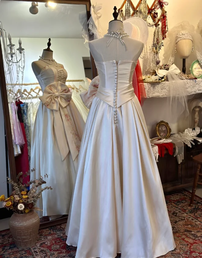 French style elegant sweetheart neckline pink waist bow tie floor-length satin wedding dress P2931 - Image 5