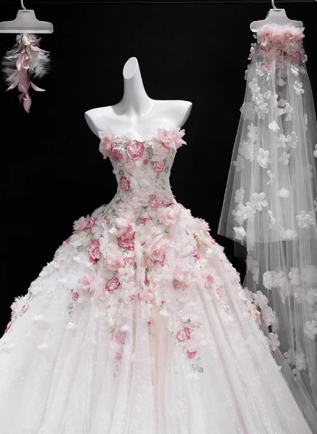 French style floral tube top white heavy duty luxurious floor length wedding dress P2754