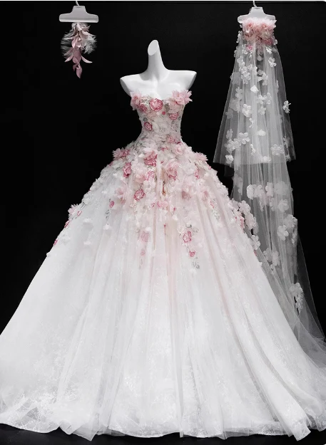 French style floral tube top white heavy duty luxurious floor length wedding dress P2754 - Image 2