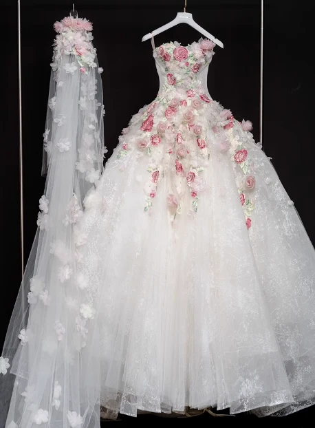 French style floral tube top white heavy duty luxurious floor length wedding dress P2754 - Image 5
