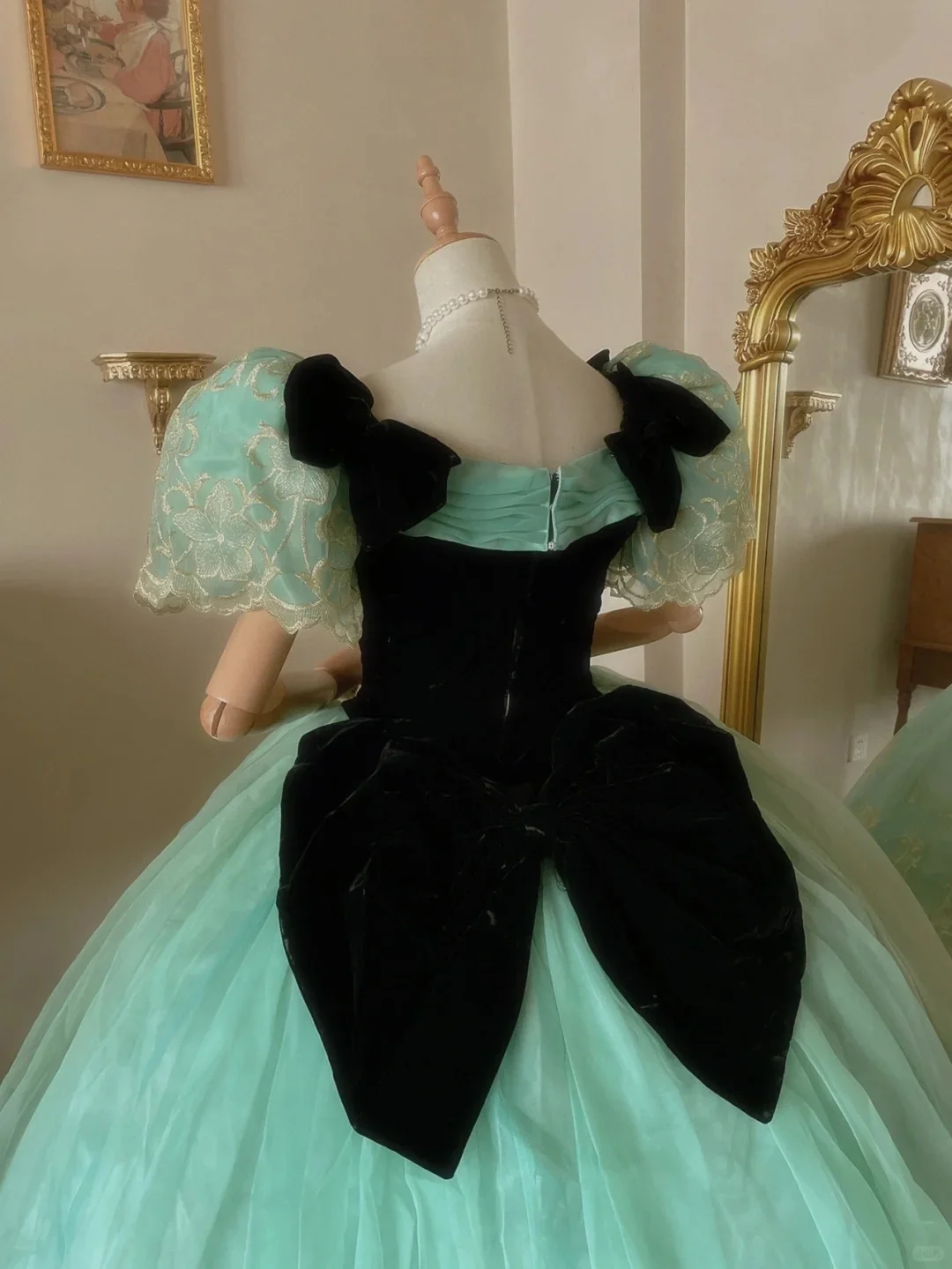 Fresh aqua velvet with one-shoulder tulle braided lace puffy skirt wedding dress P3072 - Image 3
