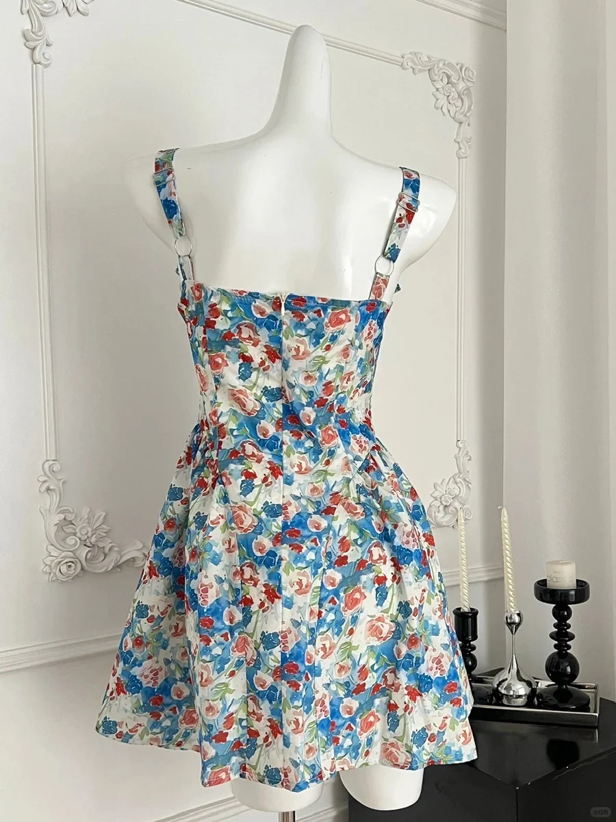 Fresh Blue Floral Waist Thin Strap Square Neck A-line Short 16th Birthday Homecoming Dress P3999 - Image 3