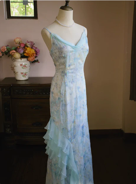 Fresh Blue Sling Neckline Suspender Chiffon Mermaid Prom Dress P3471 - Image 3