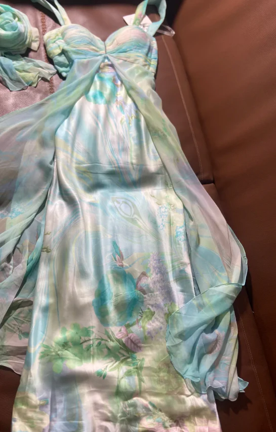 Fresh Blurred Print Chiffon Satin Long Prom Dress Evening Dress P4794
