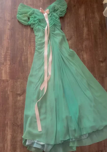 Fresh Green A-line Ruffled Chiffon Long Prom Dress Evening Dress P4611