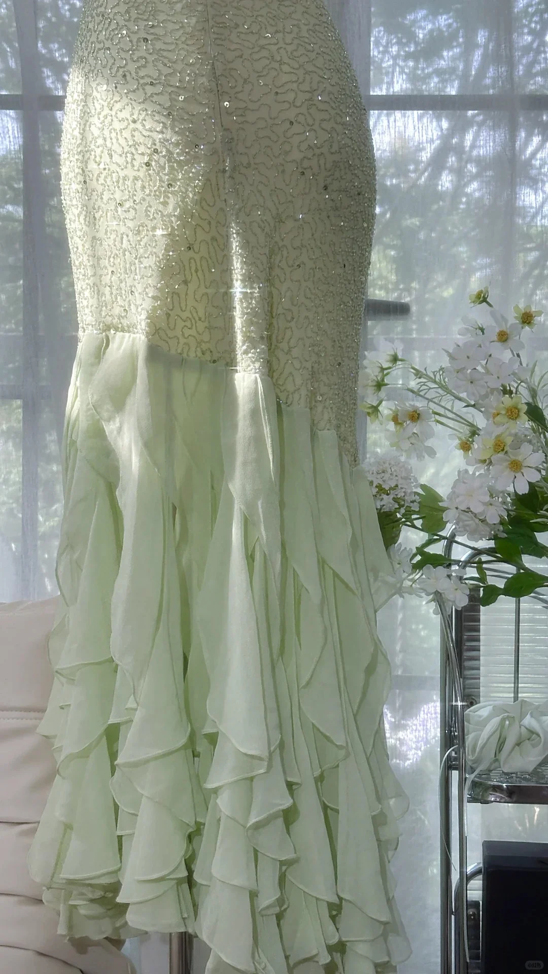 Fresh Green Beaded Chiffon Ruffled Prom Dress P3263 - Image 5