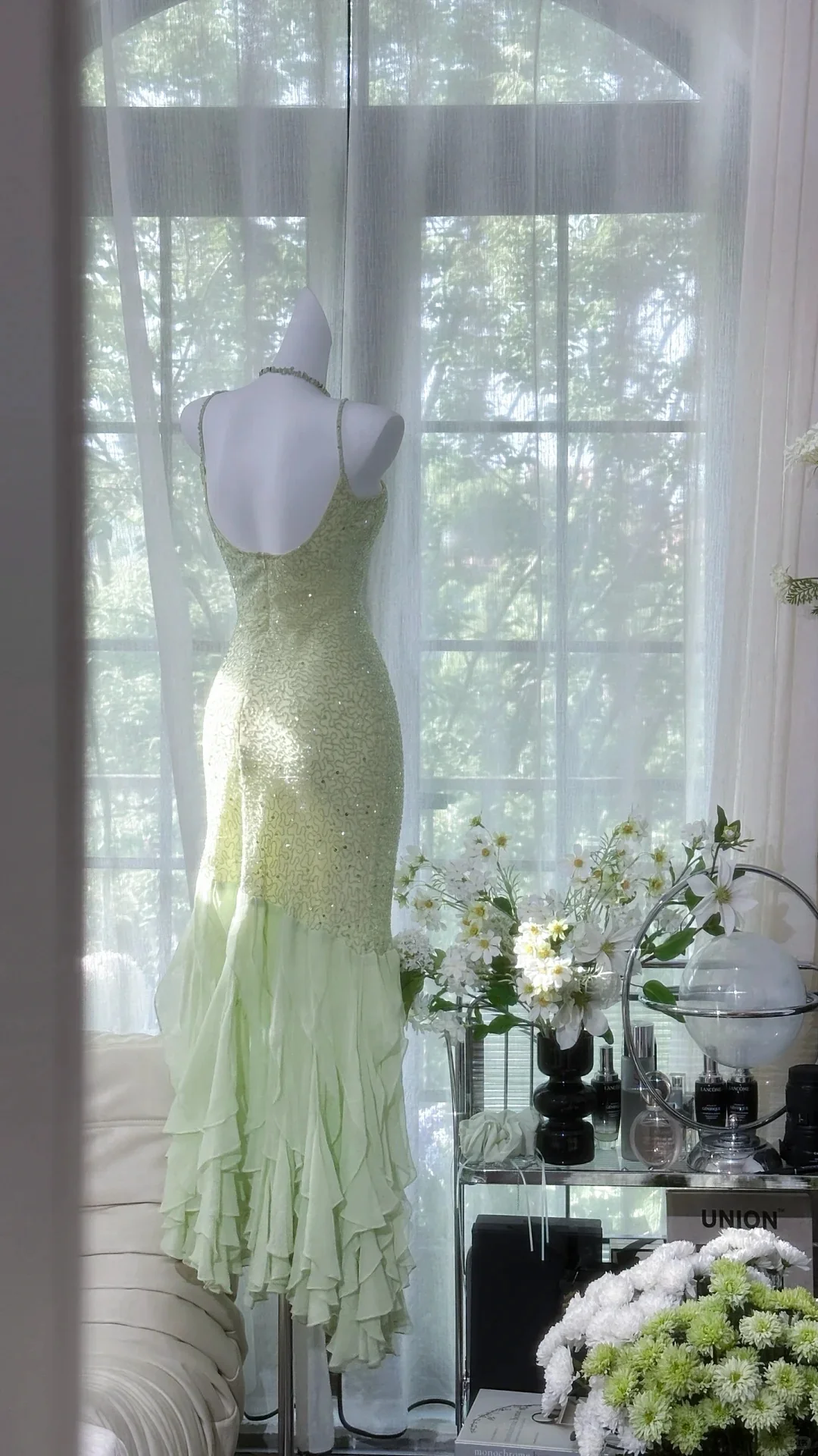 Fresh Green Beaded Chiffon Ruffled Prom Dress P3263 - Image 6