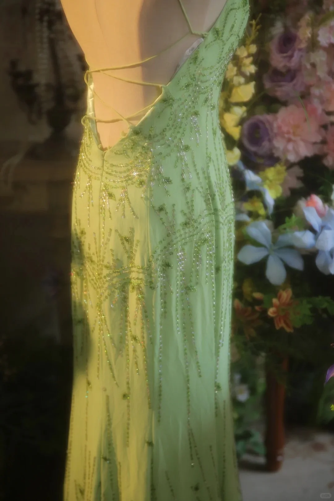 Fresh Green Chiffon Beaded Backless Mermaid Long Prom Dress P3431 - Image 4
