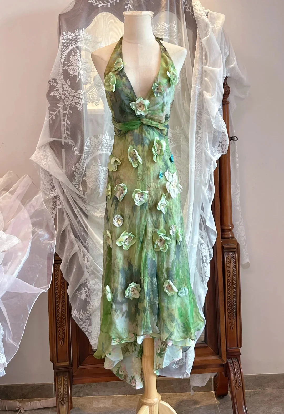 Fresh Green Floral Print Halter Neck Chiffon Prom Dress Evening Dress P4164 - Image 2