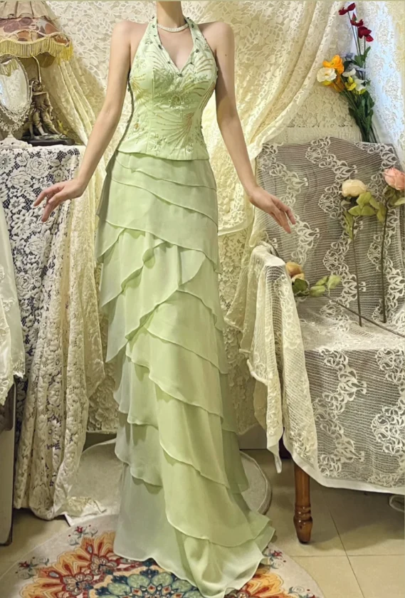 Fresh Green Halter Neck Beaded Layered Chiffon Prom Dress P3761 - Image 4