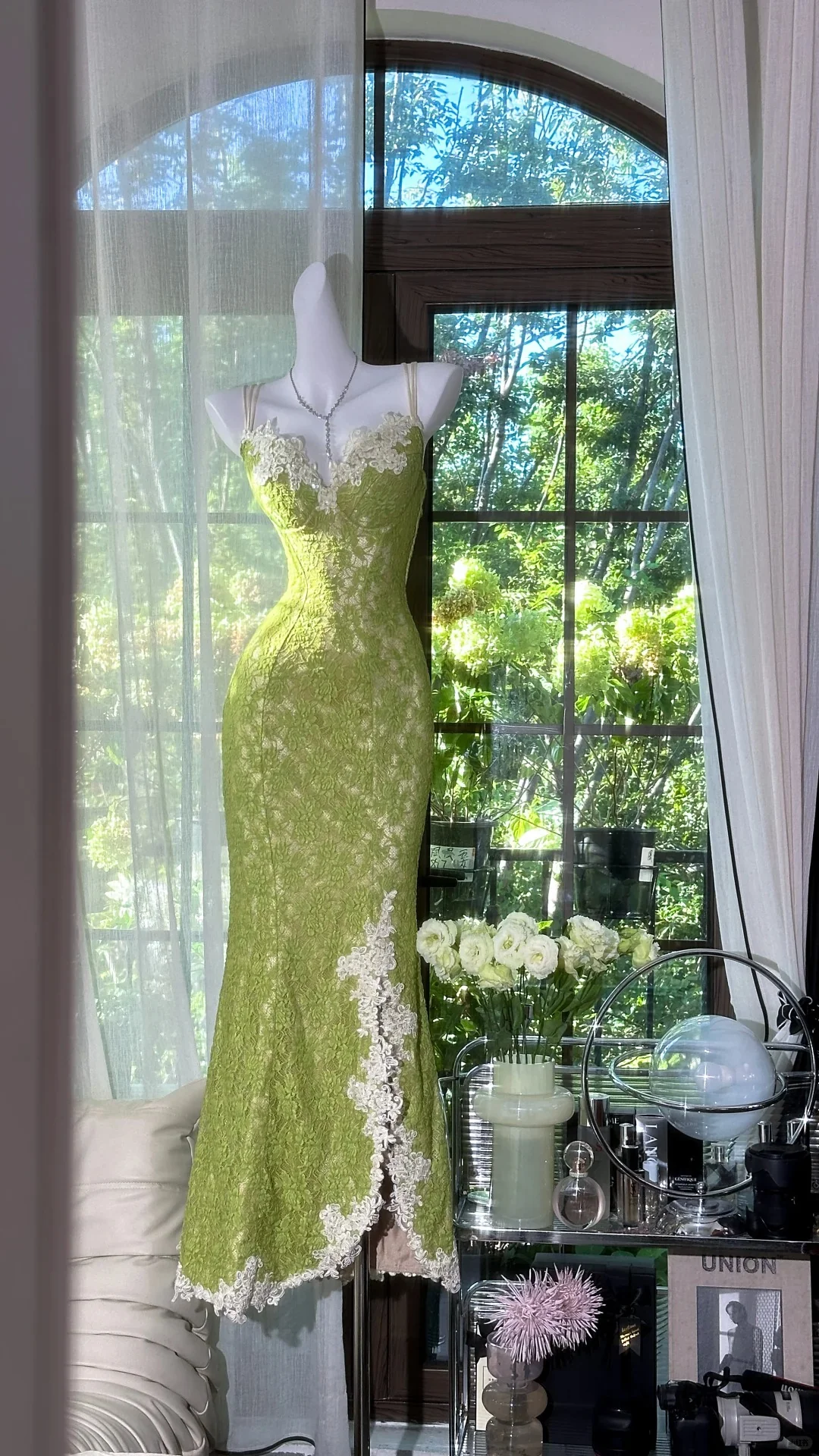 Fresh Green Mermaid Strapless Backless Criss-cross Lace Long Prom Dress Evening Dress P4035 - Image 2
