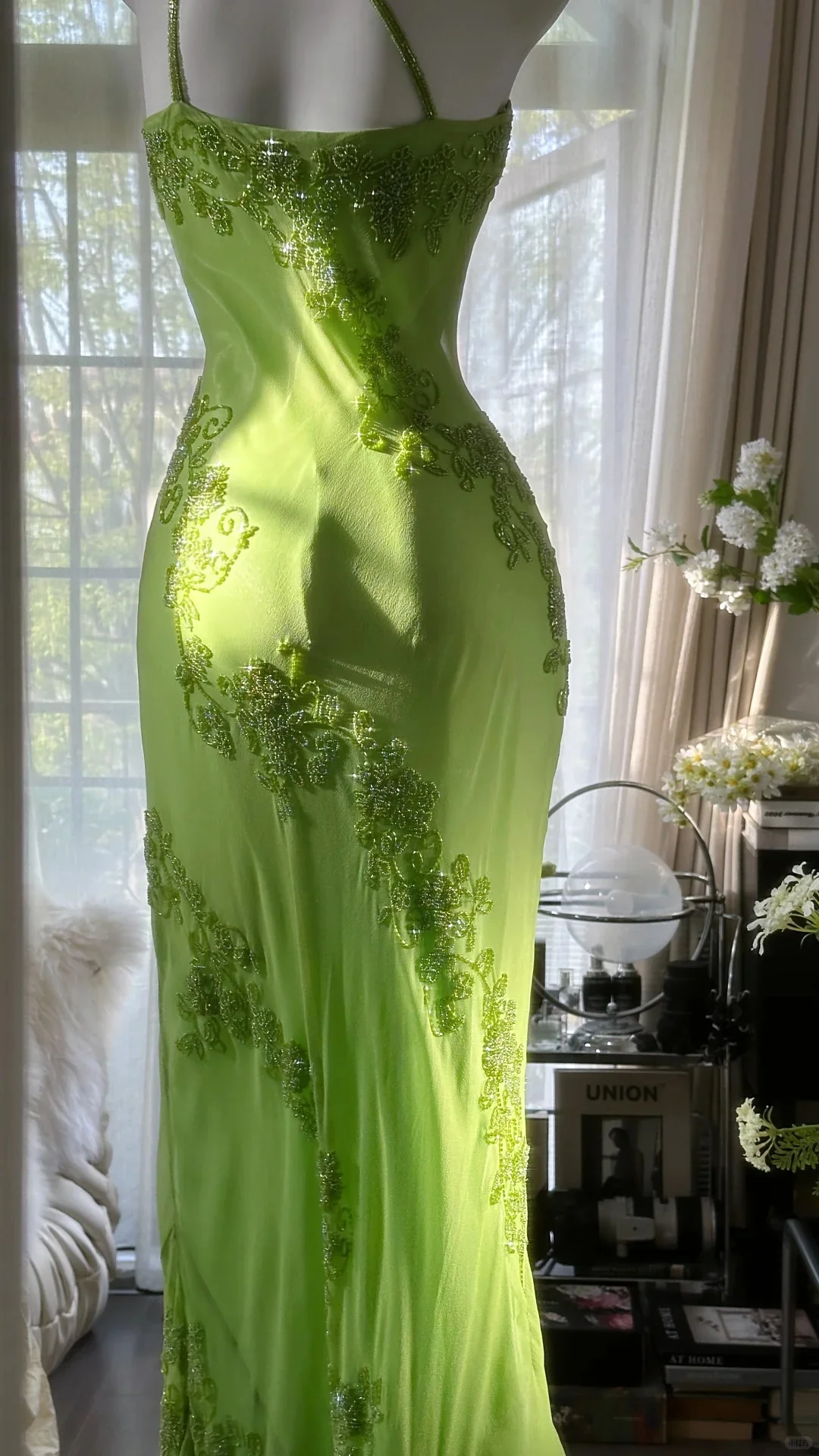Fresh Green One Shoulder Chiffon Beaded Mermaid Evening Gown Prom Dress P3277 - Image 3
