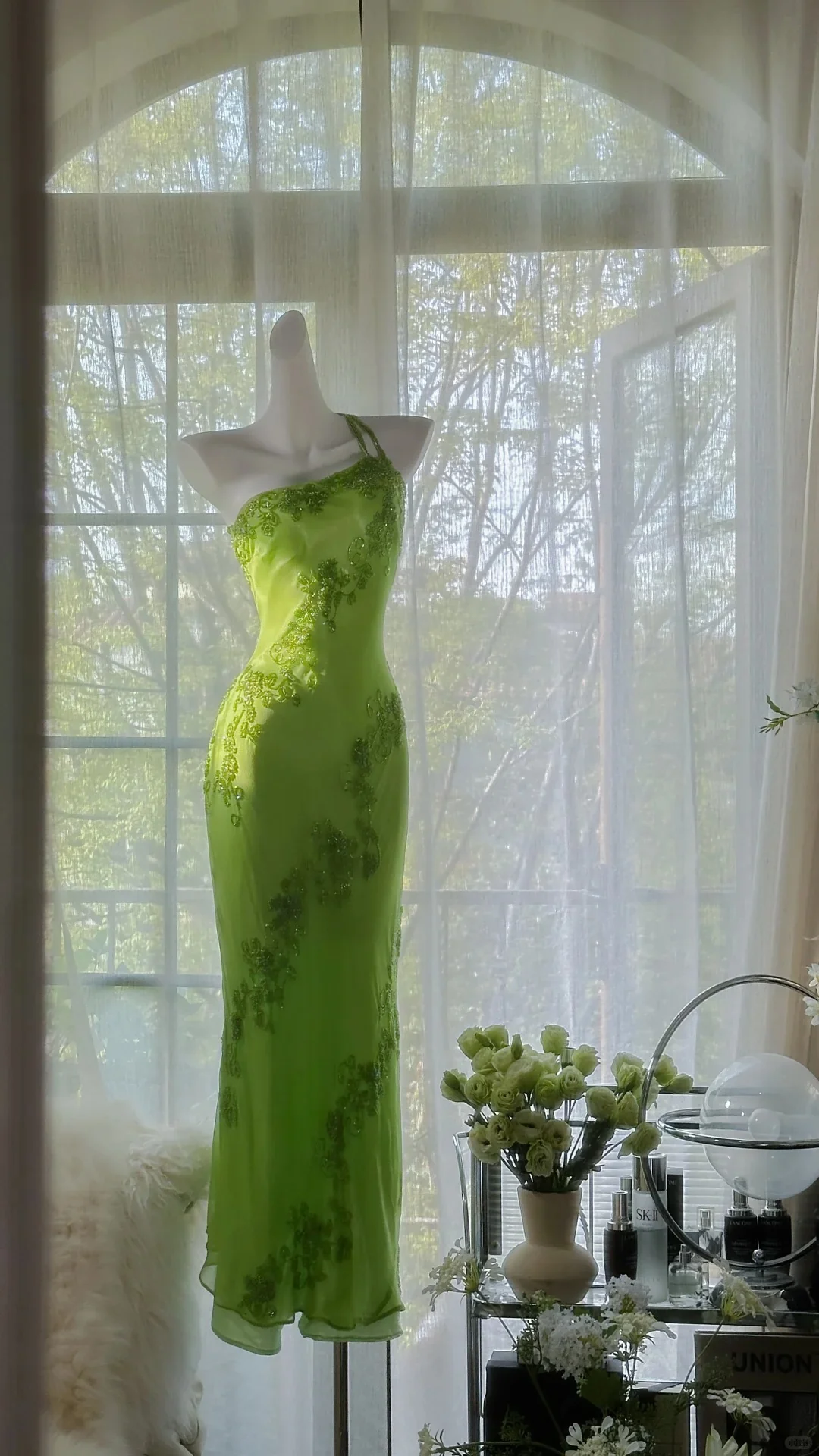 Fresh Green One Shoulder Chiffon Beaded Mermaid Evening Gown Prom Dress P3277 - Image 6