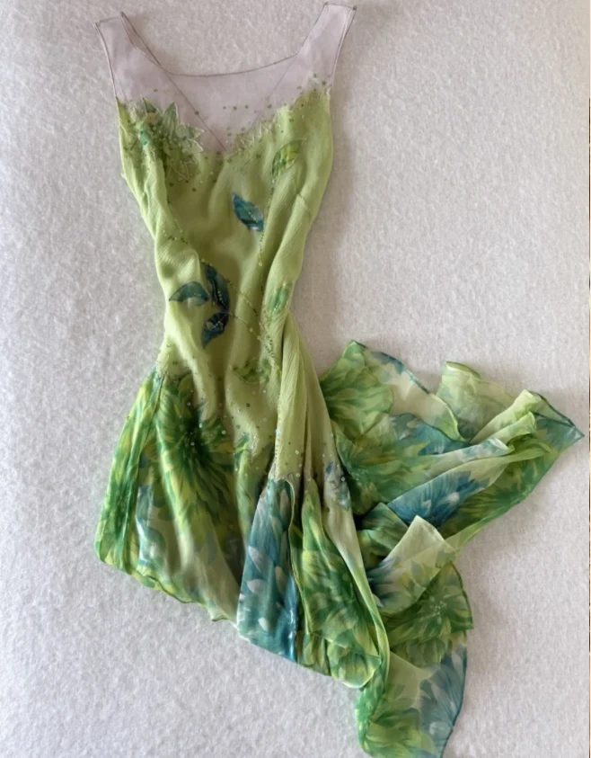 Fresh Green Sleeveless Leaf Sequin Irregular Chiffon Prom Dress P4834