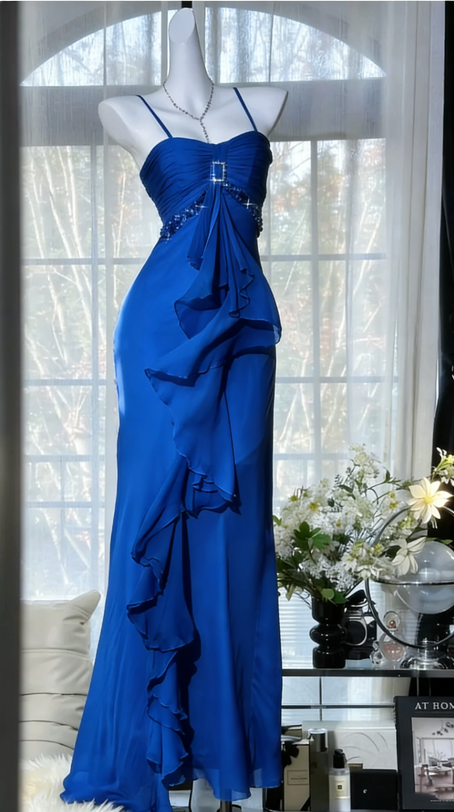Fresh Green Spaghetti Strap Layered Ruffle Chiffon Long Prom Dress Evening Dress P4818 - Image 2