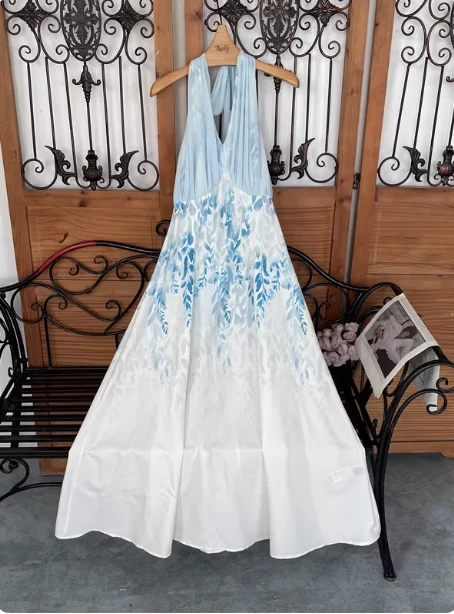 Fresh Printed A-line Halter Neck Satin Long Prom Dress Evening Dress P4529 - Image 3