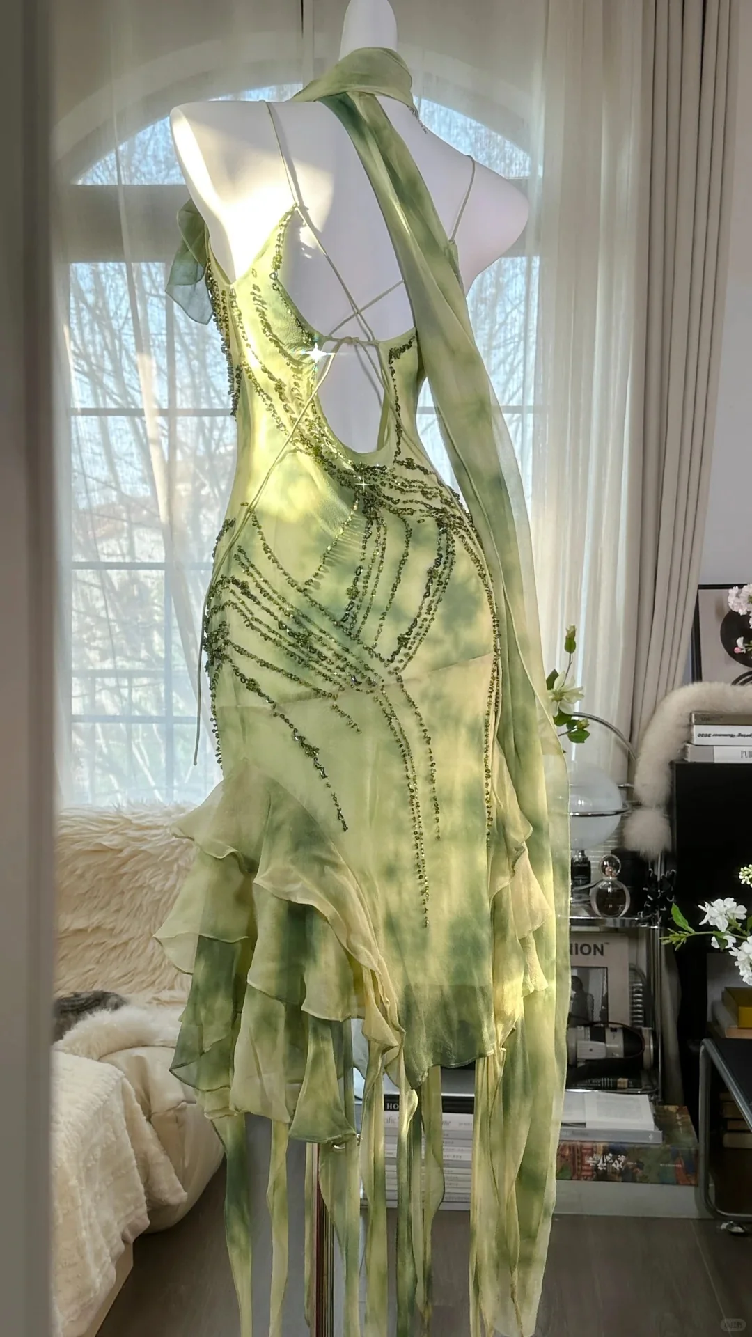 Fresh Rendering Green Beaded Chiffon Irregular Skirt Prom Dress P3289 - Image 2