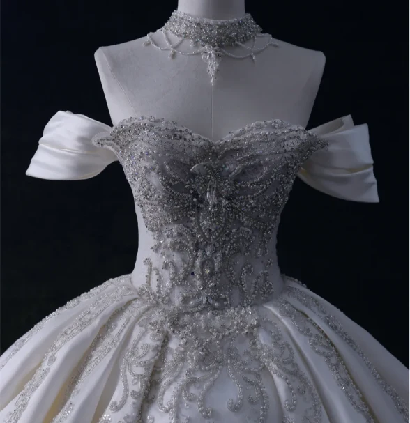 Gentle One Shoulder Satin Beaded Back Bow A-Line Wedding Dress P2900 - Image 2