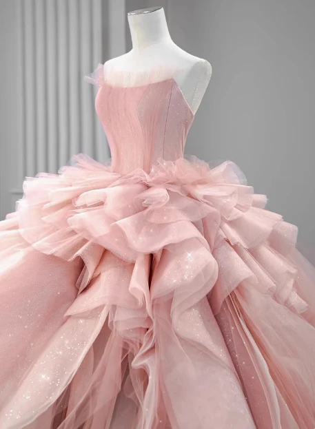 Gentle pink off-the-shoulder A-line tulle layered floor-length wedding dress P2752 - Image 3