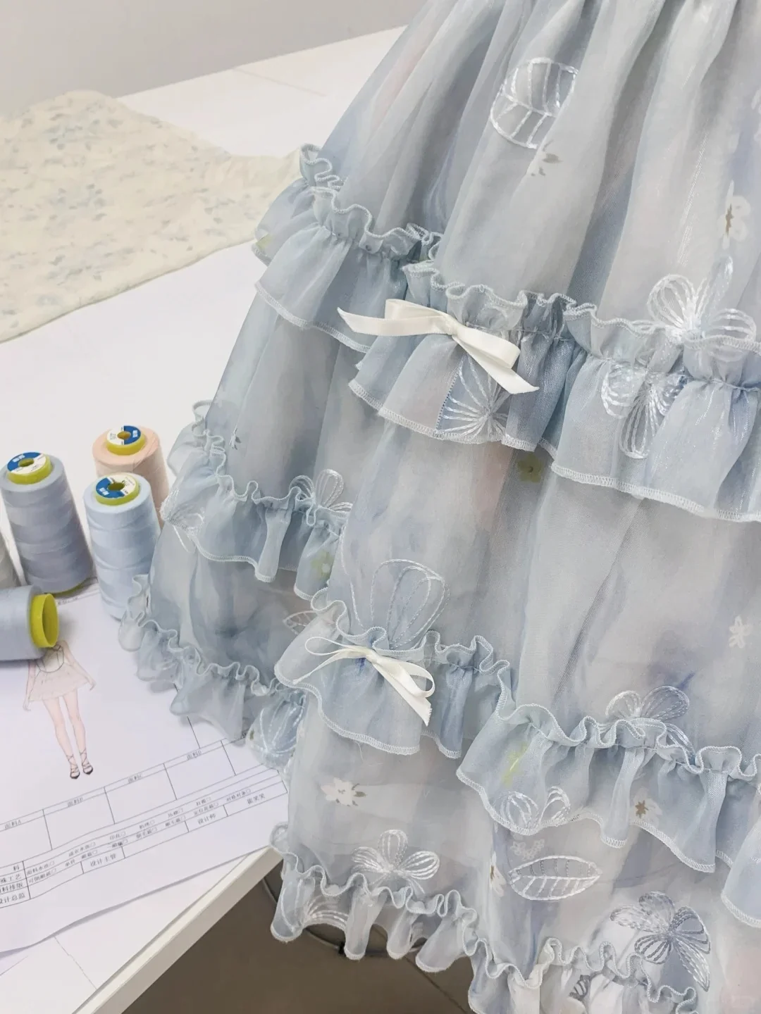 Girls blue square neck small print three-dimensional bow sweet homecoming dress P3179 - Image 4