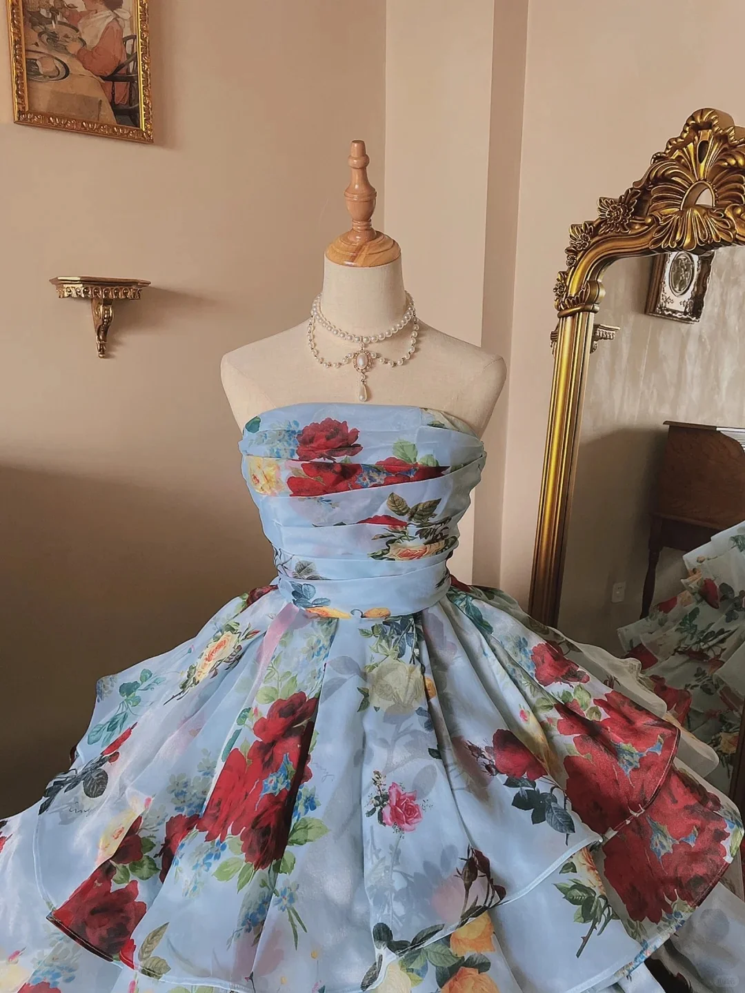 Glacier Blue Rose Print Lightweight Flowing Tulle Strapless Floor-Length Wedding Dress P3075 - Image 2