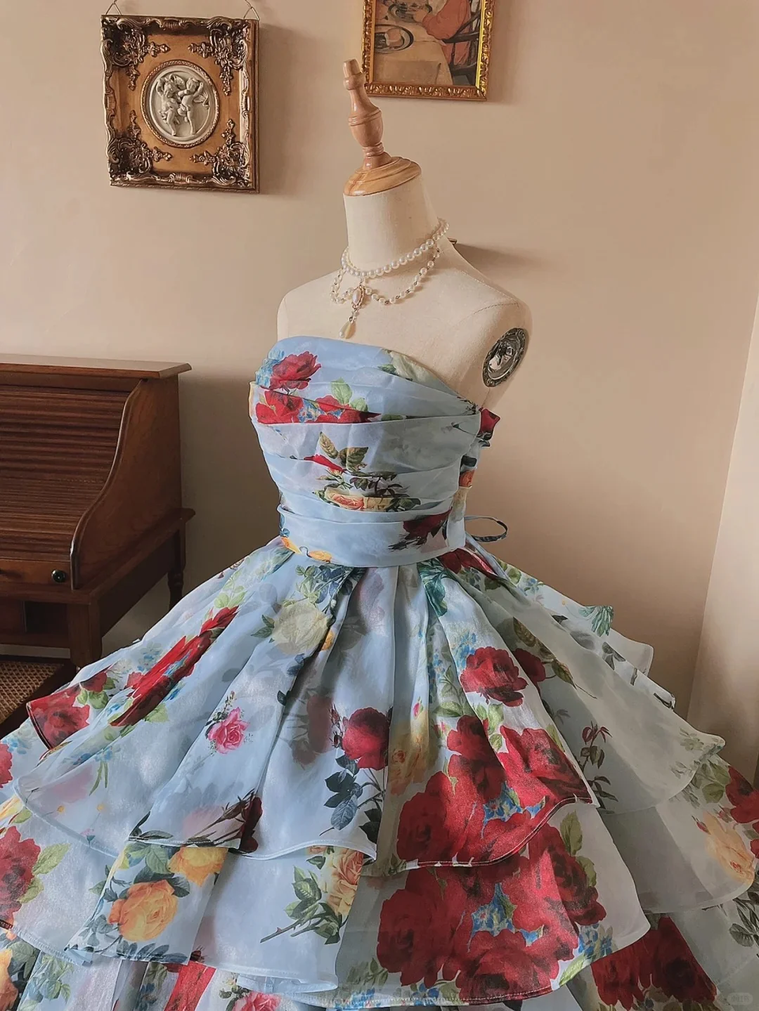 Glacier Blue Rose Print Lightweight Flowing Tulle Strapless Floor-Length Wedding Dress P3075 - Image 3