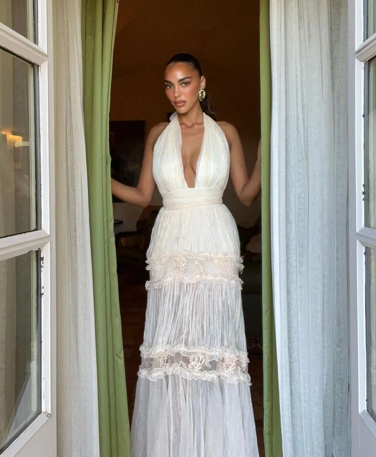 Glamorous A line V neckline Champagne long prom dress P960 - Image 3