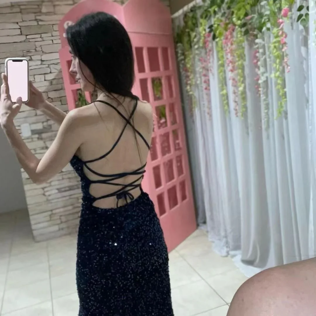 Glitter Sheath/Column Navy Blue Prom Dress with Split P1403 - Image 3