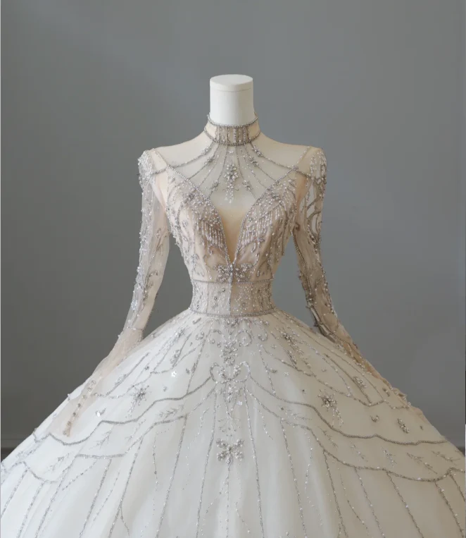 Glittering Rhinestone Long Sleeve Tulle A-Line Floor-Length Wedding Dress P2564 - Image 2