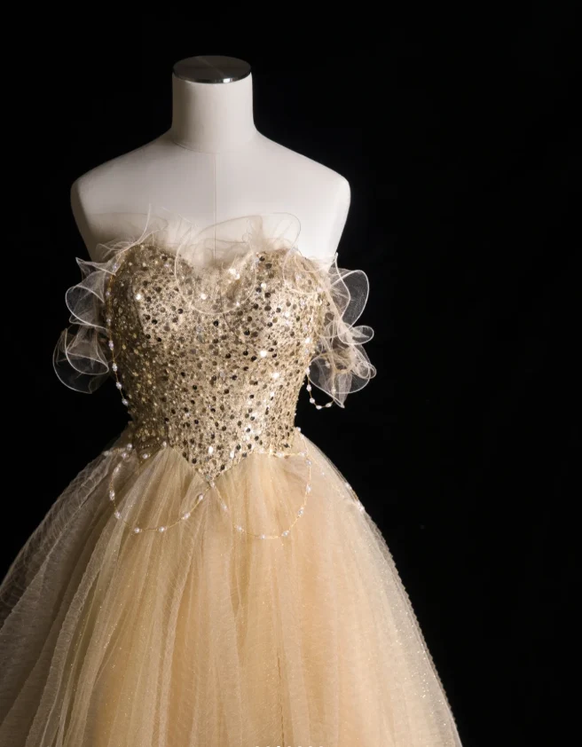Gold Glitter Strapless Sequined A-Line Tulle Floor-Length Wedding Dress P2898 - Image 2