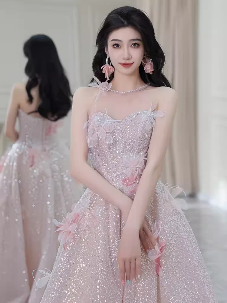 Gorgeous A line High Neckline Sequin Pink Prom Dress P1880 - Image 3
