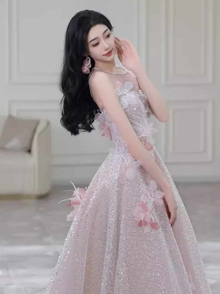 Gorgeous A line High Neckline Sequin Pink Prom Dress P1880 - Image 4