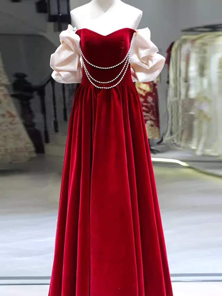 Gorgeous A line Off The Shoulder Velvet Red Prom Dress P1879 - Image 4