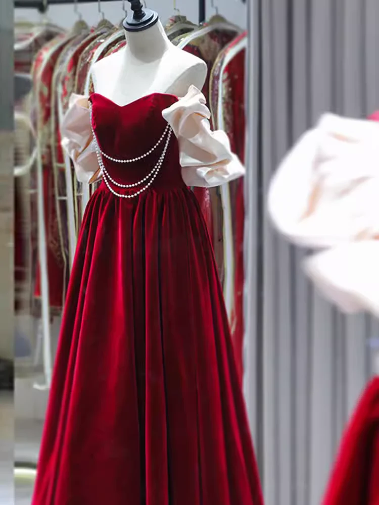 Gorgeous A line Off The Shoulder Velvet Red Prom Dress P1879 - Image 5