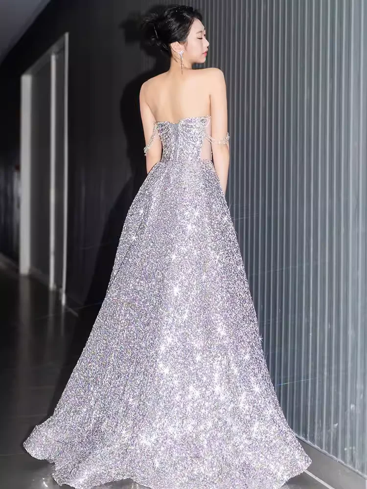Gorgeous A line Strapless Sequin Silver Prom Dress P1881 - Image 5