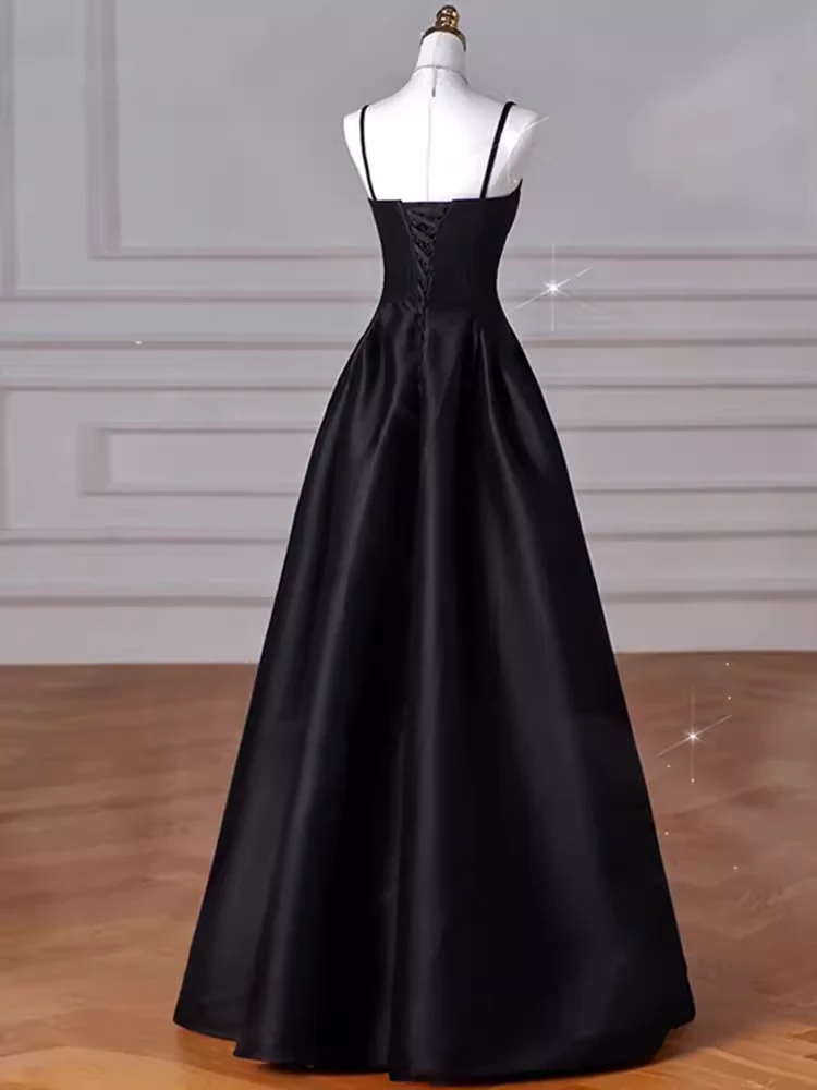 Gorgeous A line Straps Satin Black Prom Dress P1877 - Image 4