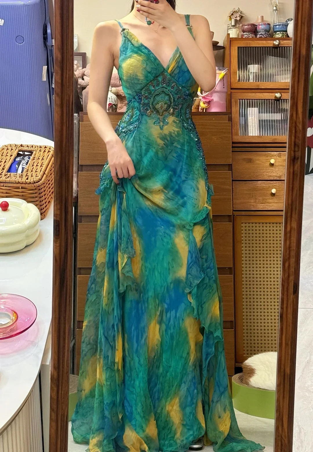 Gorgeous Blue-Green Tie-Dye Spaghetti Strap Beaded Irregular Chiffon Long Prom Dress P4840 - Image 5