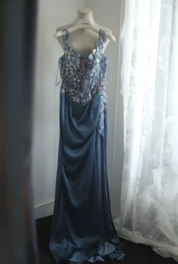 Gorgeous Blue Off-Shoulder Sequined 3D Floral Satin Long Prom Dress Evening Dress P4245 - Image 5