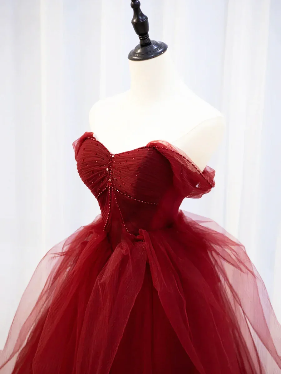 Gorgeous Burgundy Sweetheart Tulle Long Prom Dress with Beaded P571 - Image 2