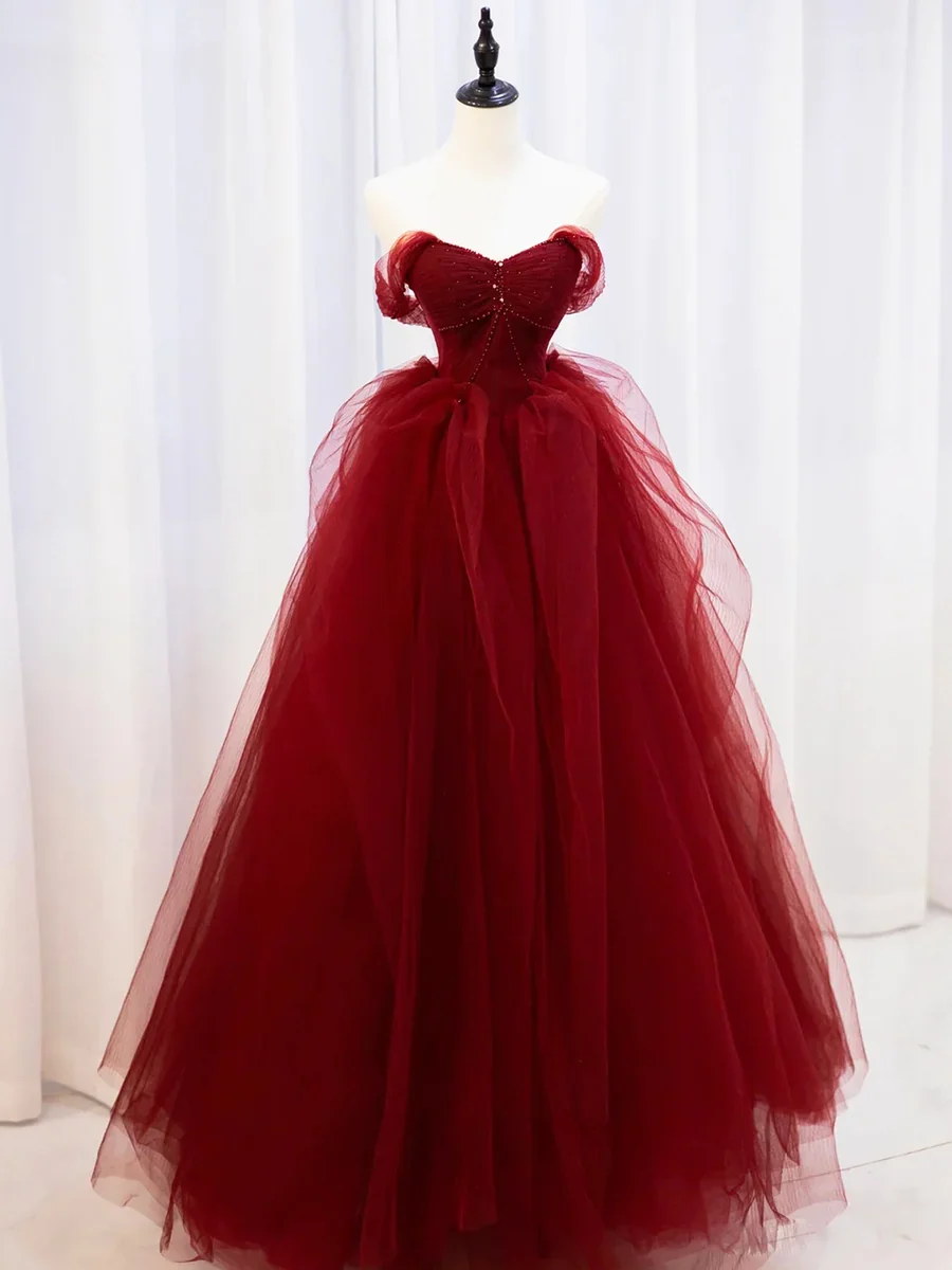 Gorgeous Burgundy Sweetheart Tulle Long Prom Dress with Beaded P571 - Image 3