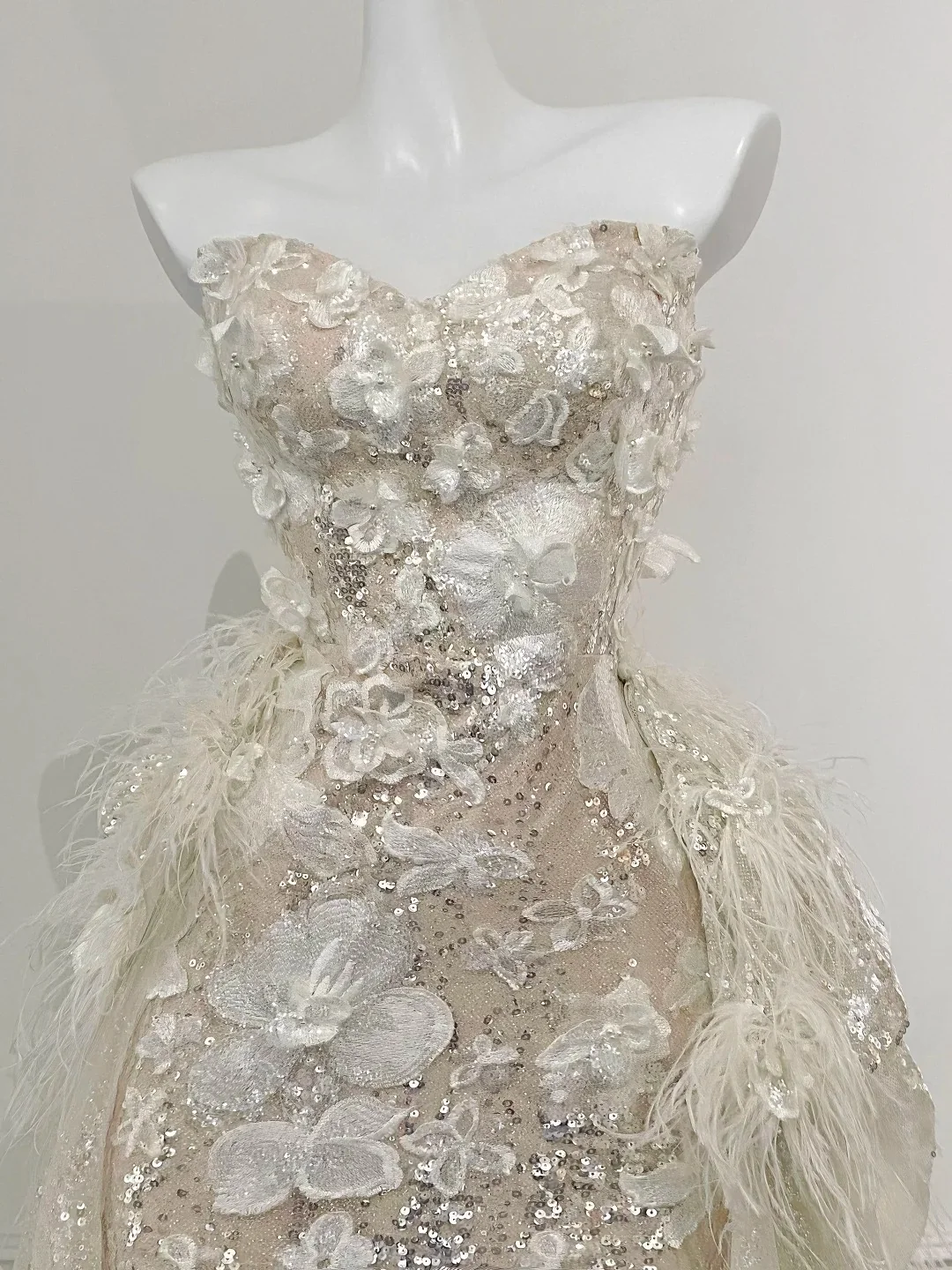 Gorgeous Champagne Gold Mermaid Strapless Sequined 3D Flower Tulle Wedding Dress with Train P4094 - Image 3