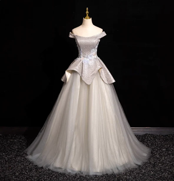 Gorgeous Court Silver-White One-Shoulder Sequin Tulle Long Ball Gown Evening Dress Sweet 16 Dress P4420 - Image 2