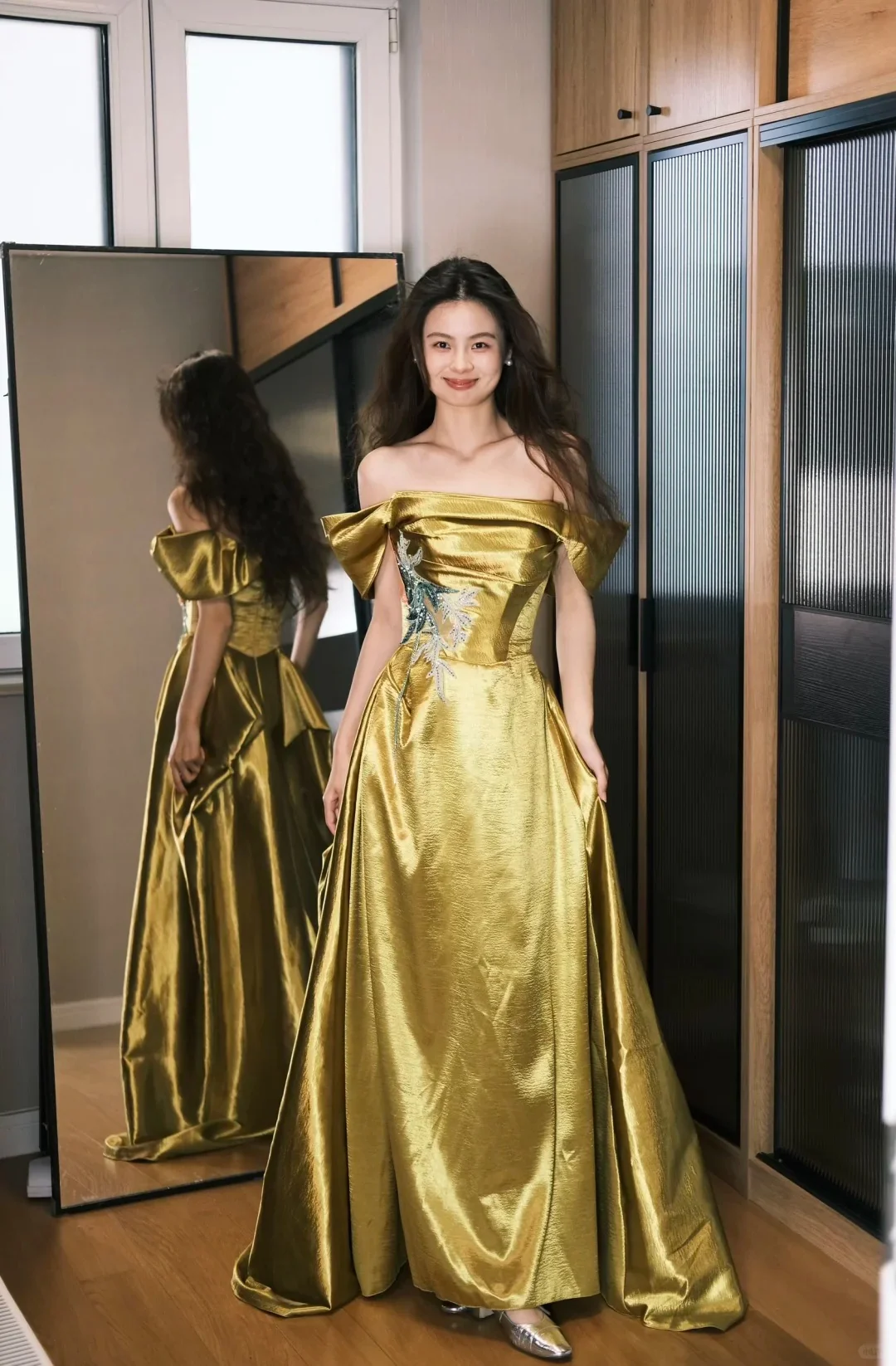 Gorgeous Gold Off-the-Shoulder A-Line Embroidered Satin Long Prom Dress Evening Dress P4758 - Image 2