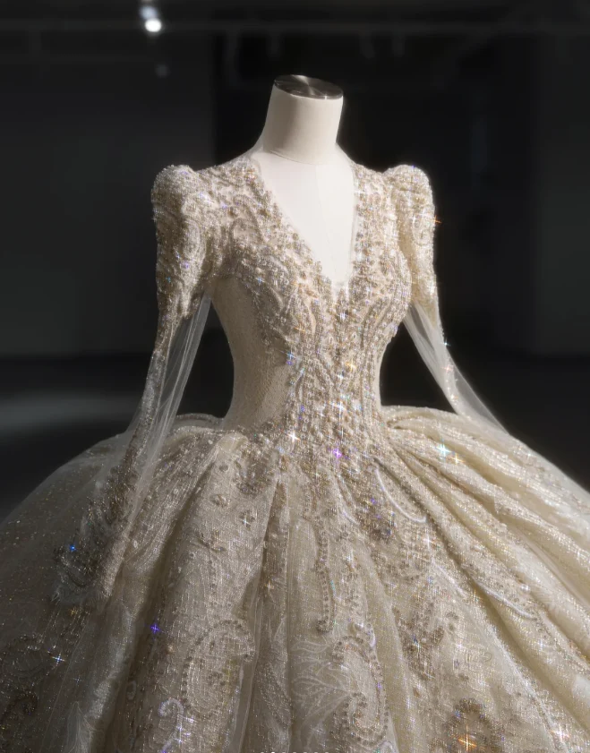 Gorgeous golden V-neck padded shoulder design long sleeve lace totem crystal sewn beads fluffy floor-length wedding dress P2892 - Image 2