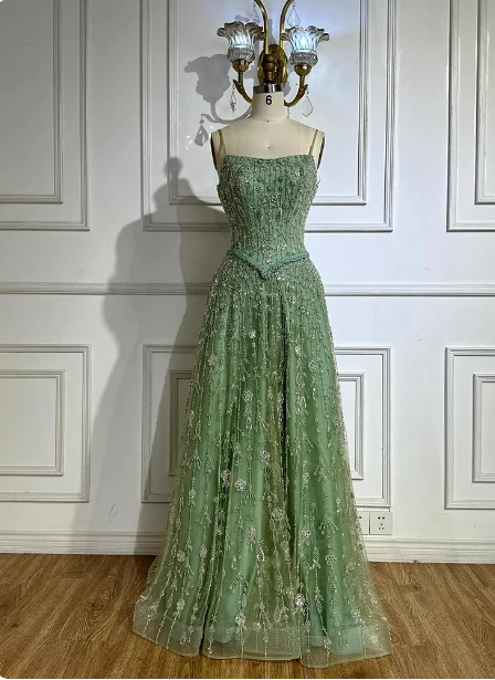 Gorgeous Green A-line Square Neck Spaghetti Strap Beaded Embroidered Tulle Long Prom Dress Evening Dress P4517 - Image 2