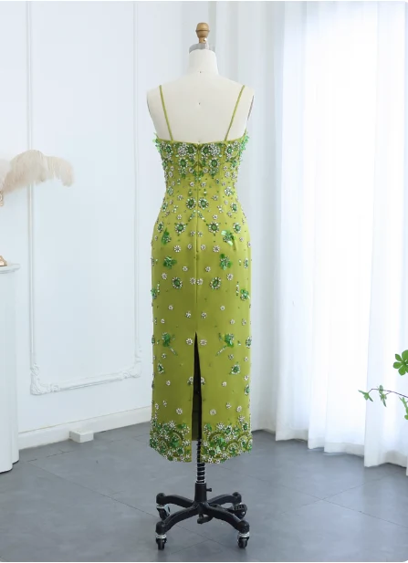 Gorgeous Green Bodycon Spaghetti Strap Square Neck Rhinestone Satin Long Prom Dress Evening Dress P4620 - Image 3