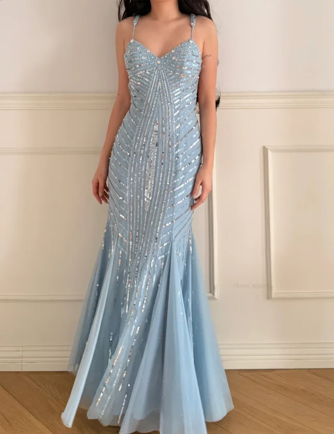 Gorgeous Ice Blue Spaghetti Strap V-Neck Mermaid Backless Sequin Tulle Long Prom Dress Evening Dress P4882 - Image 3