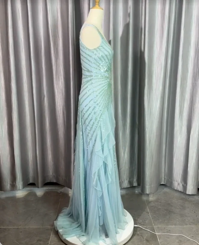 Gorgeous Light Blue V-neck Ruffled Sequined Chiffon Long Prom Dress Evening Dress P4224 - Image 3