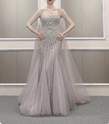 Gorgeous Light Lilac Spaghetti Strap Square Neck Rhinestone Tulle Train Prom Dress Evening Dress P4568 - Image 5