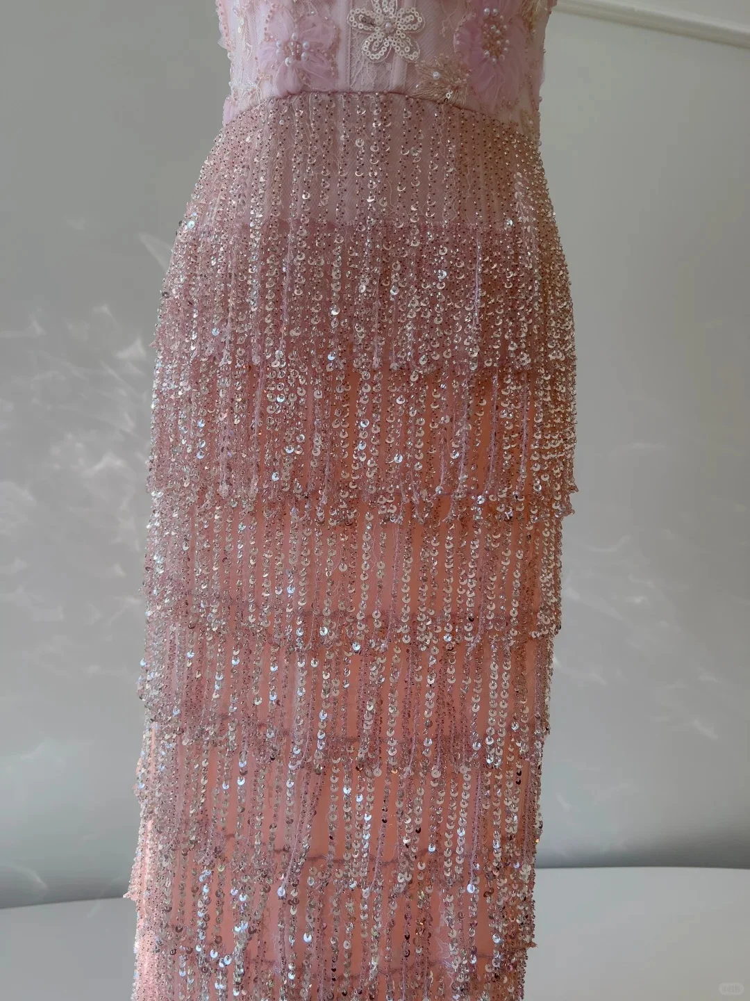 Gorgeous Pink Slim Square Neck 3D Flower Sequin Tassel Long Prom Dress Evening Dress P4054 - Image 3